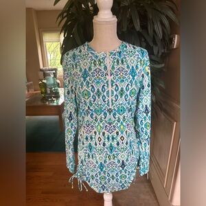 🏝Tommy Bahama  White 3/4 zip Green & Blue Aztec Print Beach Dress Coverup XL🏝